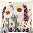 Embroidered Throw Pillow Cover - 20x20 Decorative Pillow Cover with Zipper Aesthetic Cute Design Boho Spring Summer Throw Pillowcase for Living Room Couch Sofa Bed, Wild Floral