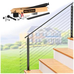 36" Swageless 2-4FT Black Complete Cable Railing System Post Kit with Handrail Cuttable, T304 Stainless Steel, Modular Pre-Cut 1/10" Cable Railing Kit with Stair Post for 28-38 Degree Stairway