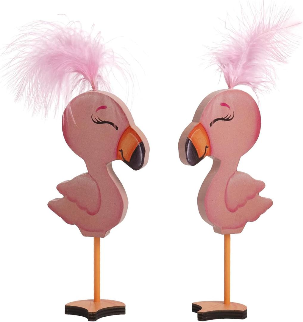 2 Pcs Pink Flamingo Decor, 7.1" H Wooden Flamingo Figurines, Summer Tropical Table Shelf Desk Tiered Tray Decorations for Home Indoor Office, Hawaii Party Supplies