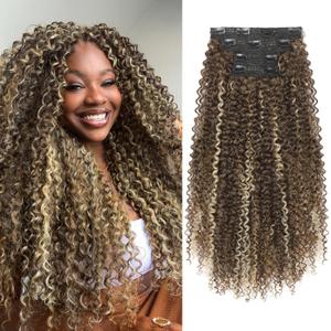 FLUFYMOOZ Clip in Hair Extensions, 20" 4PC 100 Pure Protein Silk Hair Extensions for Black White Women Long Soft Curly Hair Extension Hairpiece(Medium Brown with Blonde Highlight)