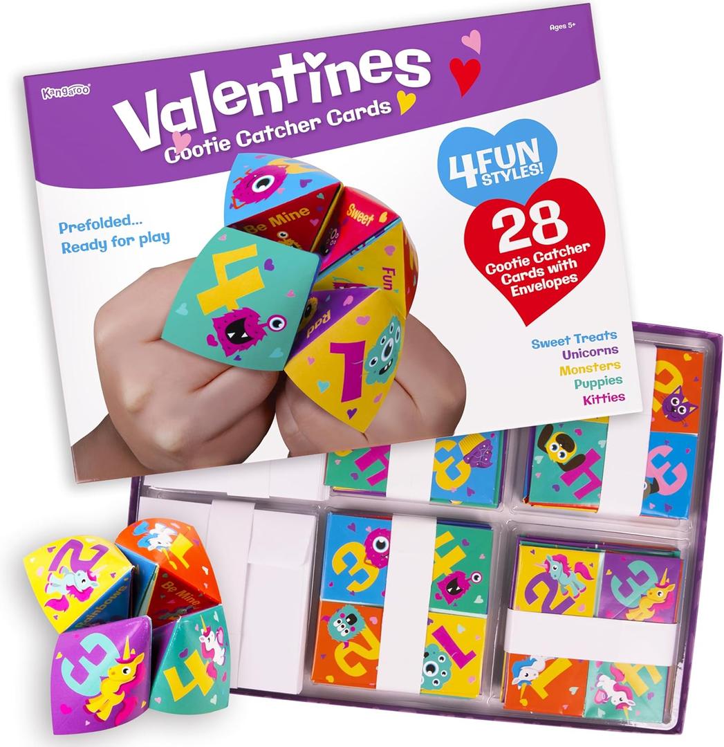Kangaroo 28 Pack Cootie Catcher Cards for Valentines - Classroom Valentines Cooties Game for Kids - Valentines Day Cards for Kids School - Valentine Party Favors Bulk for Boys and Girls