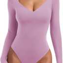 REORIA Long Sleeve Bodysuits for Women Square V Neck Going Out Top Double Lined Thong Body Suit Sexy Slimming Shirt 2025 Fall (Large, Orchid Bouquet)