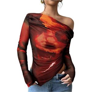 Women's Off Shoulder Tie Dye Mesh T Shirt Long Sleeve Asymmetrical Hem Ruched Fitted Tee Tops (XXXL)
