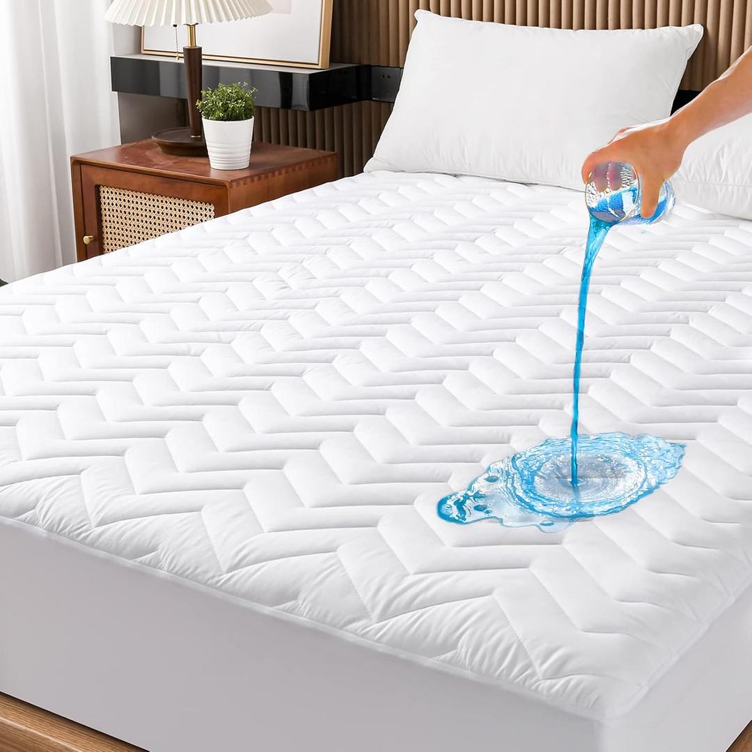 King Size Waterproof Mattress Protector Quilted, Breathable Ultra-Soft Filling Mattress Pad, Fitted Deep Pocket Mattress Cover Fits 6''-25'' Mattress White