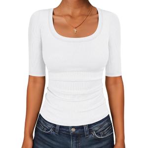 ANRABESS Half Sleeve Tops for Women Ribbed Knit Basic Tee Shirts (White, M)