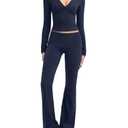 SUUKSESS Women 2 pieces Lounge Sets Casual V Neck Crop Tops High Waisted Fold Over Flare Leggings Matching Sets(Navy Blue, S)