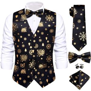 Hi-Tie Suit Vest for Men Christmas Mens Suit Vest Casual 5 PCS V-Neck Vest Tie& Bow Tie Hanky Cufflink Set for Party (XX-Large, Black and Gold)