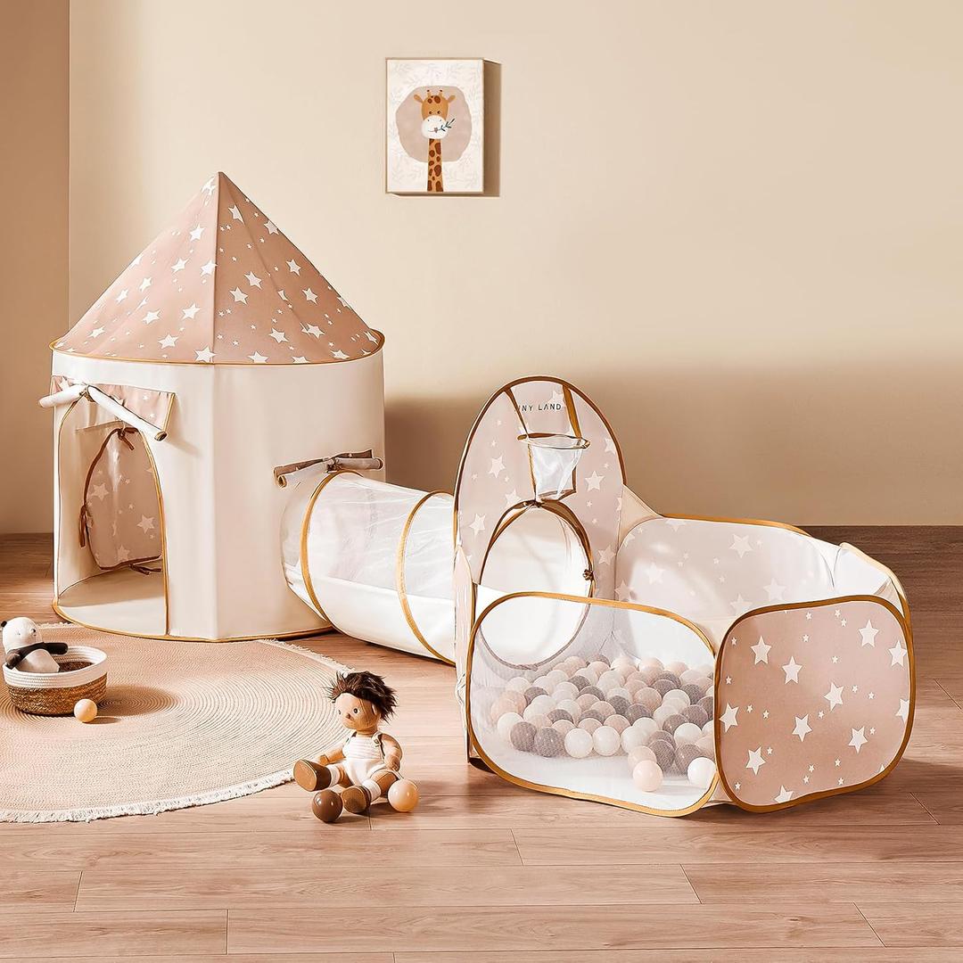 Tiny Land Kids Play Tent with Tunnel, Pop Up Play Tent with Ball Pits for Toddlers, Baby Tent with Carry Bag, Toddler Tents Indoor (Khaki)