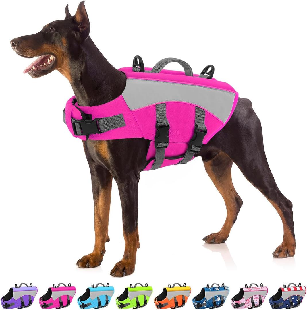 Large Dog Life Jacket, XL Dog Life Vest for Swimming, Reflective Pet Lifejacket Swimming Vest with High Buoyancy Rescue Handle, Lightweight Pet Safety Lifesaver for Boating, Hot Pink XL