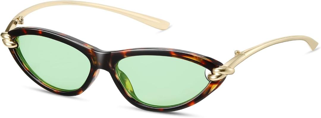 Retro Oval Cat Eye Sunglasses for Women Y2k Small Cateye Sun Glasses Womens Trendy 90s Designer Narrow Shades CS013 (Tortoise Frame/Green Lens)