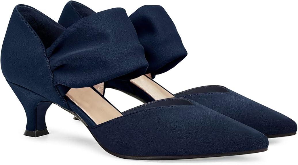 Coutgo Womens Low Kitten Heel Dress Shoes Pointed Toe Slip on Ankle Strap Cutout Elegant Party Wedding Pumps, Navy, Size 11