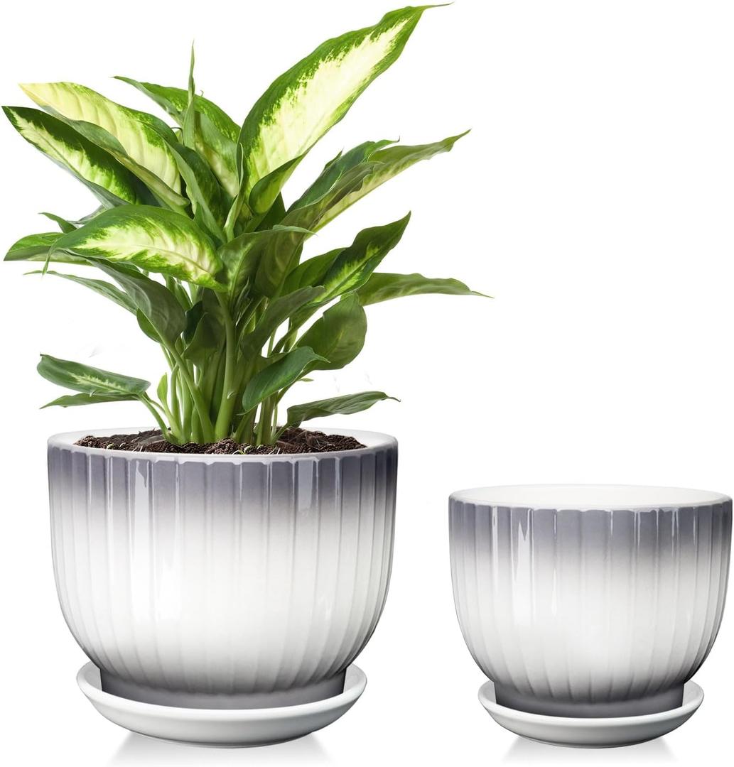 6.7 + 5.5 Inch Ceramic Plant Pots,Planters with Drainage and Saucer,Indoor Pots for Plants,Modern Flower Pots for Home and Office, Gray + White