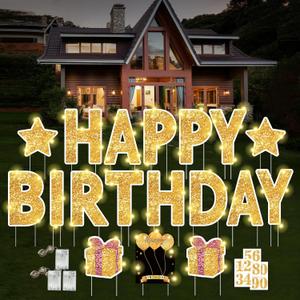 18 Pcs Happy Birthday Yard Sign with Stakes, Gold Happy Birthday Yard Sign with 49.2 Ft LED Light, 16 In Large Personalized Happy Birthday Sign, Waterproof Lawn Garden Birthday Party Decorations