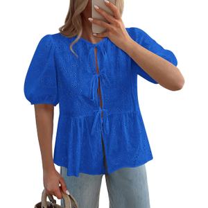 KIRUNDO Peplum Tops for Women 2026 Summer Eyelet Tie Front Blouses Casual Short Lantern Sleeve Cute Y2K Lace Babydoll Shirts (Blue, S)