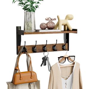 Wall Hooks with Shelf, Wood Coat Rack with Shelf Wall-Mounted, Entryway Hanging Shelves with 5 Metal Hooks for Clothes Hats Towel Purse Robes, Bathroom Mudroom Bedroom, Rustic Brown (16 inch Long)
