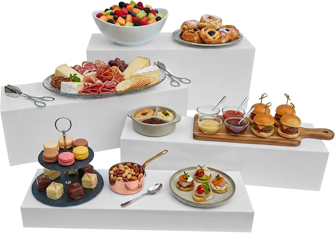 4cs Large Rectangle White Acrylic Buffet Riser Set Sizes (13" to 15") - Buffet Risers for Buffet Table, Display Stand Shelf for Catering Dessert Collectibles Jewelry Figures Show, Stackable Food Risers With Hollow Bottoms