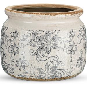 Ninehaoou 7.7" Large Vintage Ceramic Plant Pot with Baroque Floral Pattern Beige Gray Rustic Planter with Ice Crackle Glaze & Drainage Hole for Indoor Outdoor Plants Home Office Kitchen Decor Gift