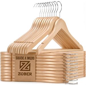 ZOBER High-Grade Wooden Hangers - Heavy Duty, Non Slip Wood Hangers for Coats, Jackets, Suits, & Pants - Clothes Hangers for Closet W/Bar and Notches 20 Pack (Natural)