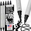 ARTISTRO 5 Black Dual-Tip Acrylic Paint Pens for Rock, Ceramic, Glass, Wood, Fabric - Black Markers for Acrylic Painting, 5mm Dot + 1mm Fine Tips