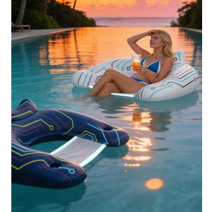 2-Pack Inflatable Pool Floats Adult - Glow in the Dark Pool Float Chair with Headrest & 2 Cup Holders-U-Shaped Floating Lounge Chair, Heavy Duty Water Lounger for Lake, River, Pool Party.