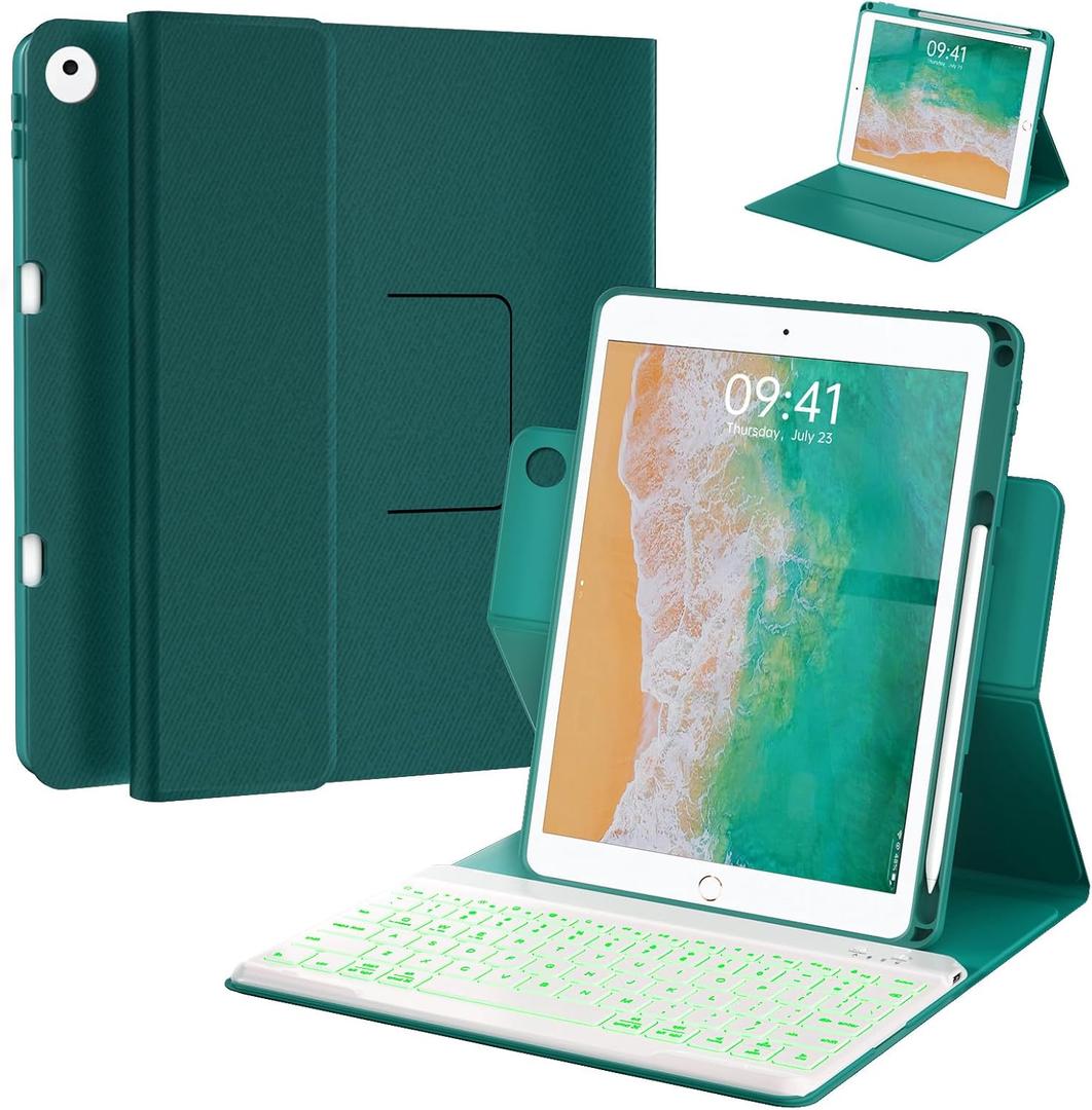 Keyboard Case for iPad 9.7 inch 5th 6th Generation,iPad Air 2 360 Rotatable Keyboard Case with Pencil Holder(2018/2017/2014),7 Color Backlit Removable Bluetooth Keyboard Smart Folio Cover(Teal)