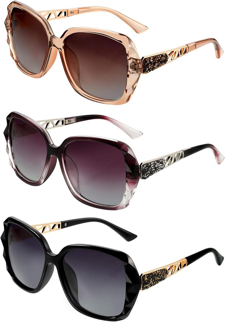 Frienda 3 Pieces Women Polarized Oversized Sunglasses Shiny Composite Frame Sunglasses Vintage Rhinestone Glasses (Champagne Purple Black)