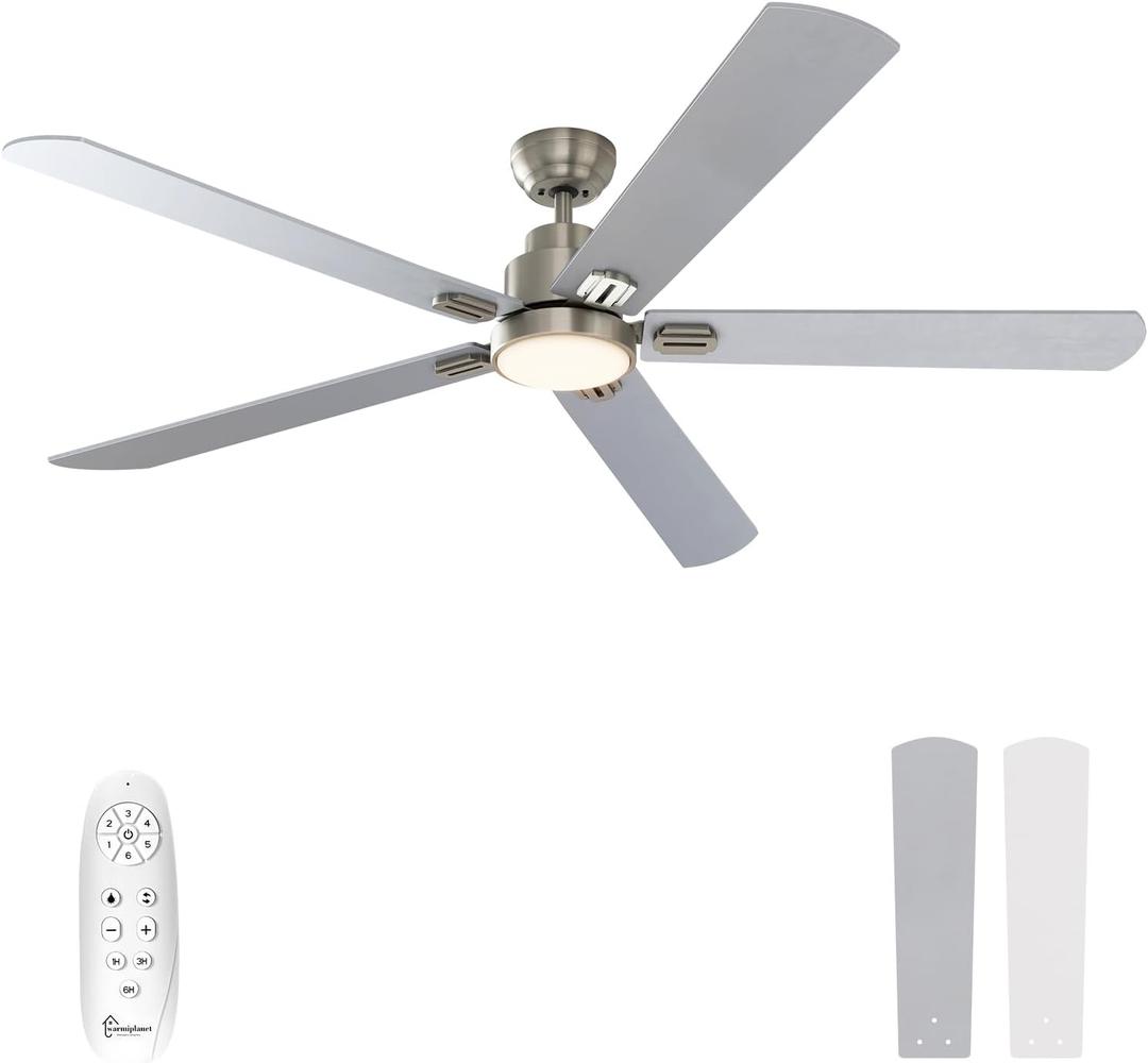 warmiplanet 62 Inch Ceiling Fan with Lights and Remote, Quiet DC Motor, Modern Indoor Ceiling Fan for Living Room Bedroom, 6 Speeds Reversible, Dimmable LED, Timer, Brushed Nickel (Nickel - 1 pack)