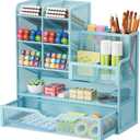 Marbrasse Mesh Pen Holder for Desk, Multi-Functional Pencil Organizer with Drawer, Desk Organizers and Accessories for Office Art Supplies (Blue)