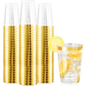 Ciaell 120PCS Gold Plastic Cups - 12Oz Heavy Duty Plastic Cup - Disposable Gold Rimmed Cups - Premium Gold Rim Cup Perfect for Wedding & Party