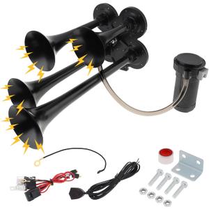 Train Horns for Pickup Trucks, 4 Trumpet Air Horn Kit, 12V 185dB Super Loud Truck Air Horn Four Trumpet with Compressor for Cars Trucks Pickups Trains Lorrys Boats