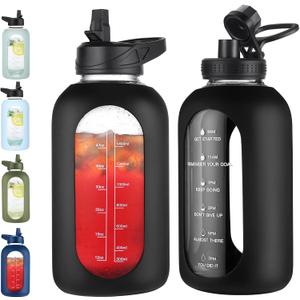 64 oz Glass Water Bottle With Straw and Handle, Half Gallon Sports Motivational Water Jug Flask with Silicone Sleeve, Large Water Cup with Time Marker for Travel, Gym, Black