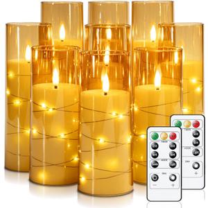 Raycare Flameless LED Candles with Embedded Star String, 9 Pcs Battery Operated Acrylic Pillar Candles with Timer and Remote, Flickering Candle for Romantic Ambiance and Home Decoration(Glod) (Gold)