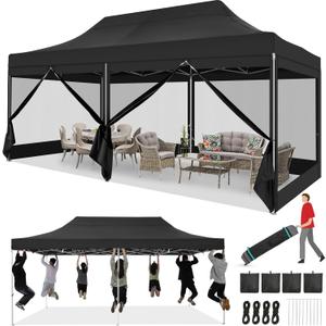 COBIZI 10x20 Heavy Duty Pop Up Canopy Tent with 6 Sidewalls, Easy Set Up Outdoor Waterproof Screen Commercial Party Tent with Mosquito Netting for Parties Backyard Patio, Roller Bag, Black