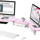 HEWYIOS dual monitor stand riser, 3layer pink acrylic monitor stand with anti slip pad, adjustable length and angle, suitable for 2 monitors, desktop, laptop, PC, printer, TV screen (Pink acrylic)