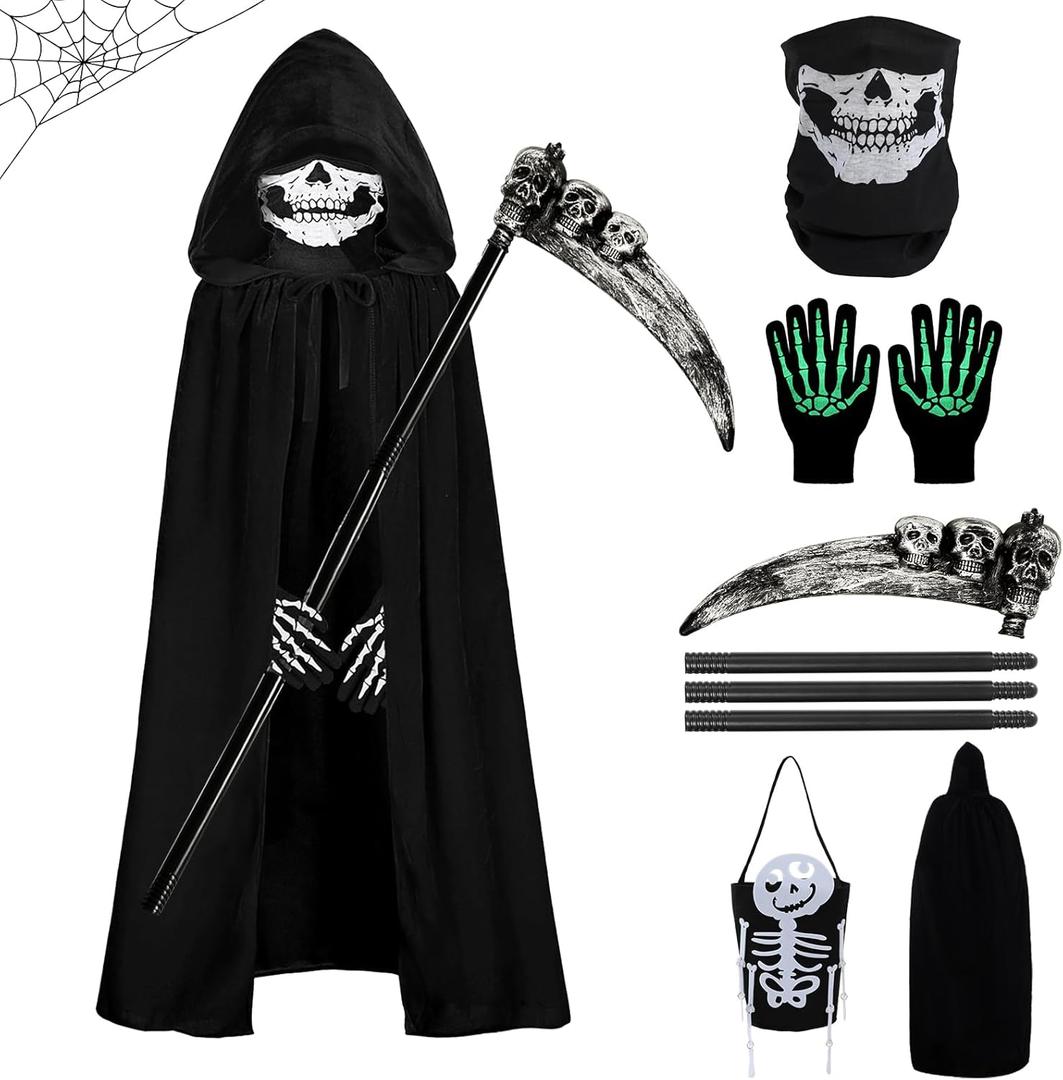 Halloween Grim Reaper Costumes Scary Adults Black Hooded Cloak Scythe Skull Mask Skeleton Gloves Candy Bags, Youth Medium: 8-10