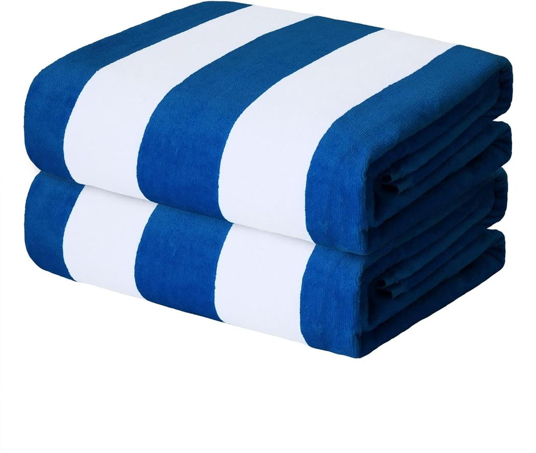Exclusivo Mezcla 2 Pack Cotton Oversized 35x70 Inches Cabana Stripe Beach Towels, Super Absorbent Soft Plush Pool Bath Towel (Ocean Blue)