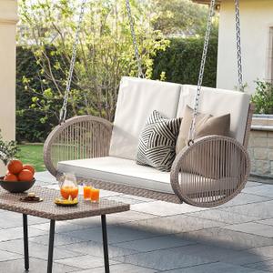 YITAHOME Hanging Porch Swing Chair Sits 2 People, Patio Swing Lounge Chair, 1 Seating & 2 Back Cushions with Removable Covers, Weight Capacity 530lbs, for Garden, Balcony, Living Room, Backyard, Beige