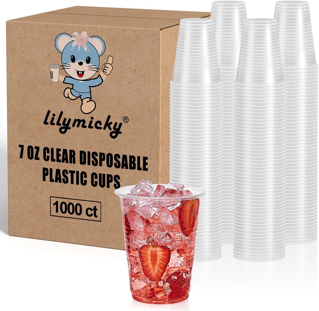 Lilymicky 1000 PACK 7 oz Clear Plastic Cups, 7 Ounce Disposable Drinking Cups for Birthday Parties, Picnics, Ceremonies, and any Events