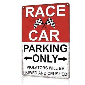 Race Car Wall Decor for Boys Bedroom – Vintage Tin Parking Only Sign, 8x12 Metal Wall Art for Garage, Man Cave, Kids Racing Room Gift, Set of 2