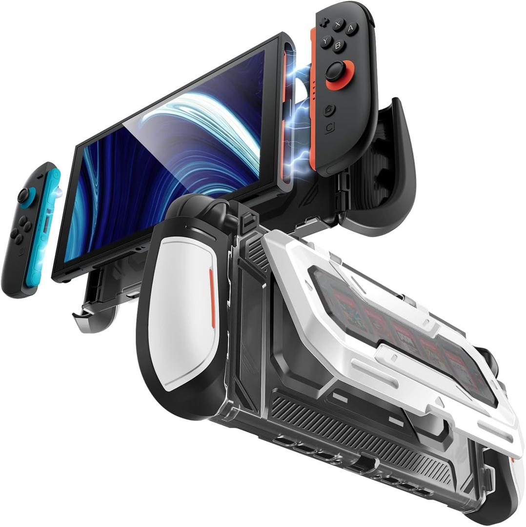 Mumba Dockable for Nintendo Switch 2 Case with Flip Stand, [Titan] Ergonomic Switch 2 Grip Protective Cover Holds 5 Game Cards & 2 TF Cards TPU Accessories and Quick-Release Joy-Con Design(White)