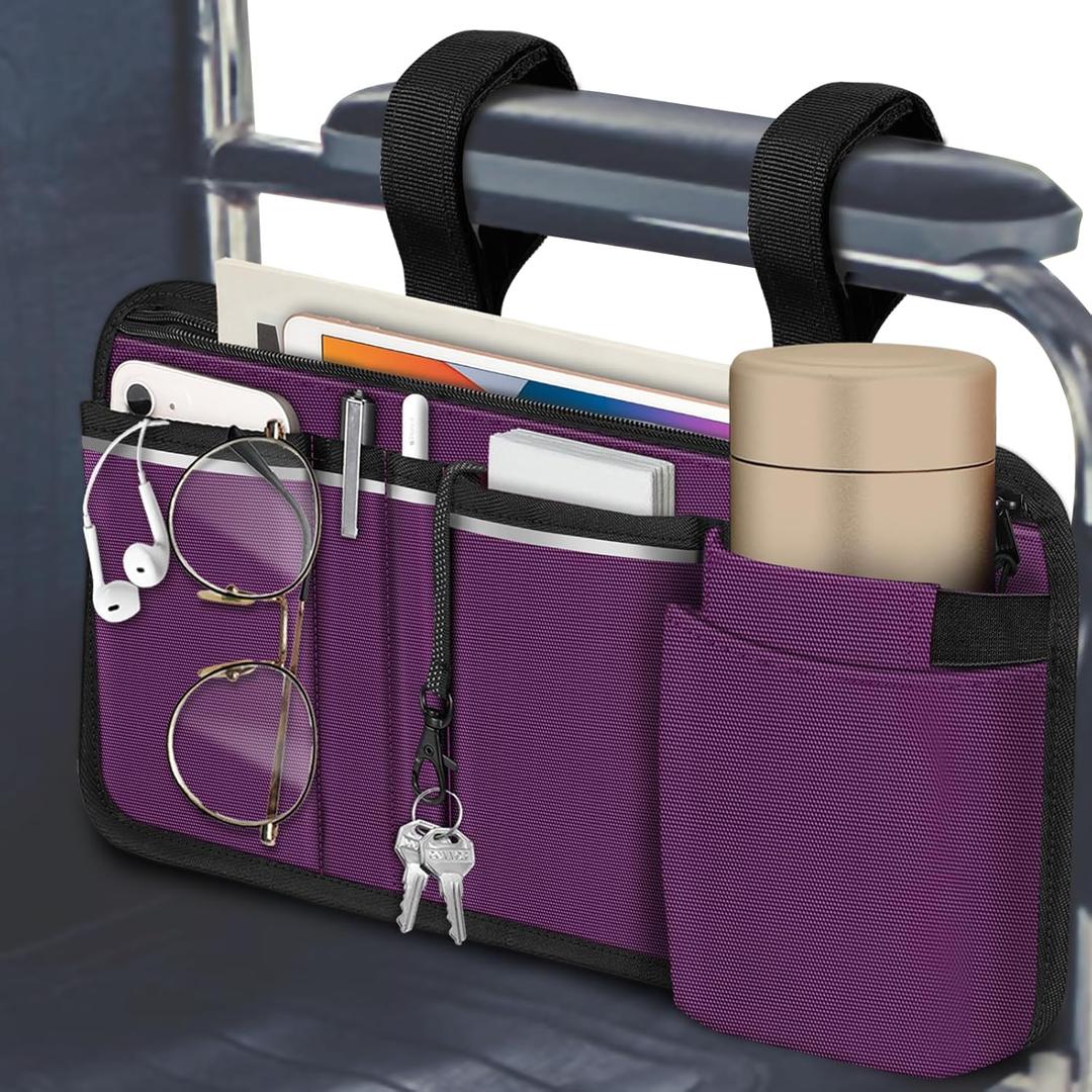FINPAC Wheelchair Side Storage Bag w/Cup Holder, Wheelchair Armrest Accessories Pouch with Pen Slot and Reflective Strips for Power Walkers, Rollators, Seniors - Purple