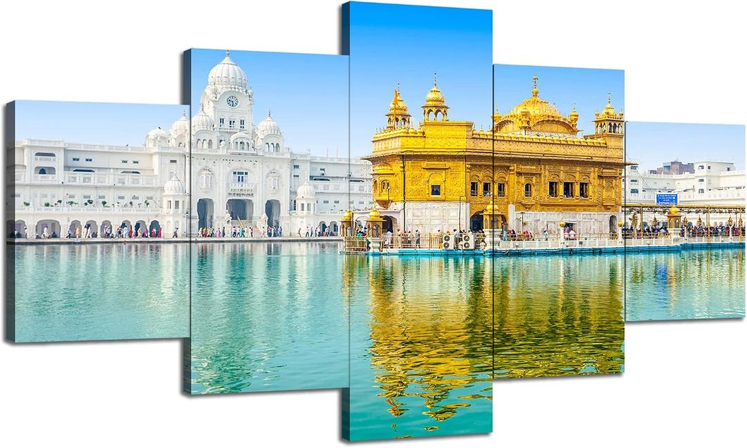 Sikh Wall Art Golden Temple Picture Wall Decor Sikh Religious Canvas Print Golden Temple at Amritsar Painting Framed Sikhism Poster Home Living Room Decoration(60''Wx32''H)