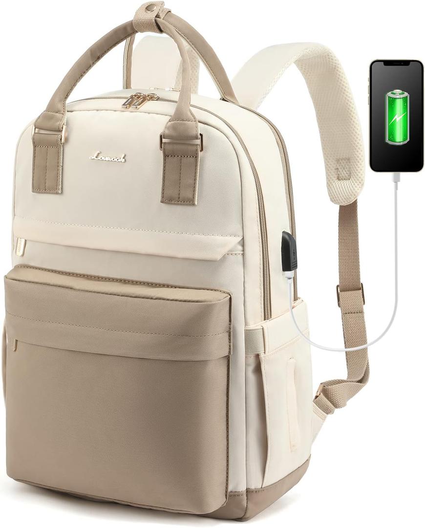LOVEVOOK Laptop Backpack for Women 15.6 Inch Laptop Bag with USB Port, Fashion Waterproof Backpacks Teacher Nurse Stylish Travel Bags Vintage Daypacks Bookbag for College School Work (Khaki & Pinkish Beige)