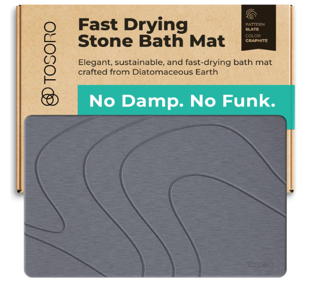 TOSORO - Stone Bath Mat Diatomaceous Earth Shower Mat Non-Slip Super Absorbent Diatomite Stone Bath Mats for Bathroom Floor Quick Drying Natural Easy to Clean (23.5 x 15) - Graphite