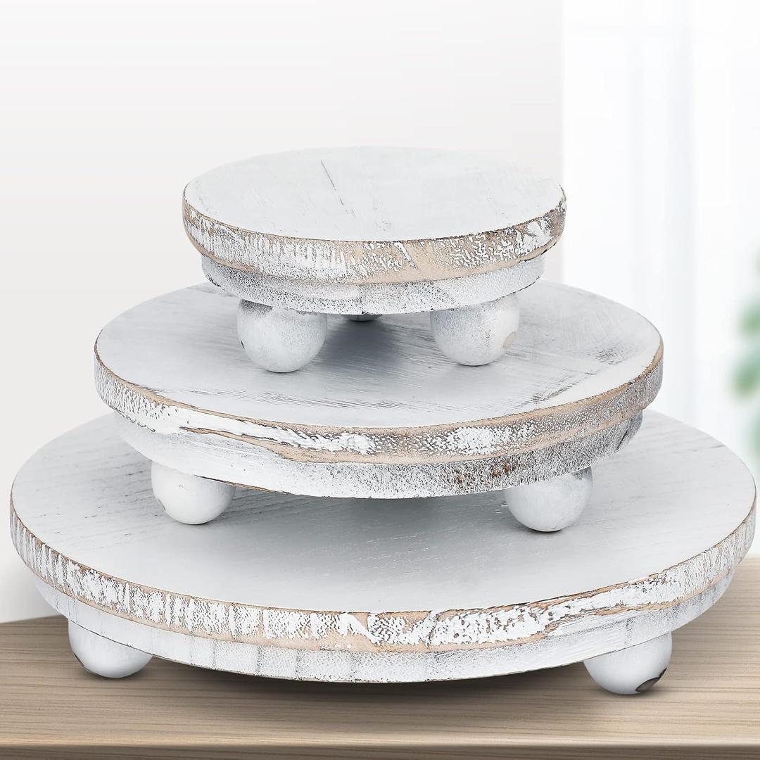 Amyhill 3 Pcs 8/6/4 Inch Wooden Risers for Display Wood Pedestal Stand Mini Tray Stand Round Wooden Pedestal Holder Rustic Riser for Decor Tiered Tray Decor Home Kitchen(Washed White)