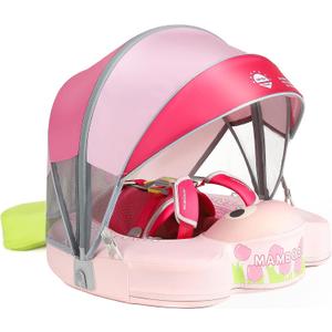 Mambobaby Float with Canopy & Portable Backpack Skin-friendly Baby Swim Float with Tail Waterproof Non-Inflatable Mambo Float Smart Swim Trainer Soft Solid Infant Pool Float 3-24 months Baby Swim Ring (Pink Tulip Flower)