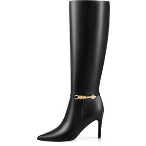 Adrizzlein Knee High Boots Women Pointed Toe Stiletto Tall Boots Sexy High Heel Long Boots Fashion Dress Shoes With Side Zipper (7.5, Black)