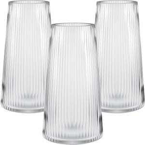 3 Pcs 8 Inch Tall Glass Vase for Flower, Flower Vases for Bouquet, Modern Glass Vases, Clear Ribbed Vase for Living Room, Bedroom, Dining Table, Office, Wedding, Centerpieces