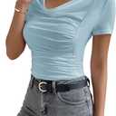 SOLY HUX Women's Cowl Neck Ruched Short Sleeve T Shirt Summer Solid Tee Tops (Blue, L)