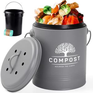 Perfnique Kitchen Compost Bin, 1.3 Gallon Countertop Compost Bin with Lid, Indoor Compost Includes Inner Liner and Carbon Filter, Small Compost Bin with Bags (with Bags, Grey) (Gray)